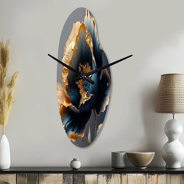 Deep Blue And Gold Single Flower IV - Asymmetric Metal Wall Clock